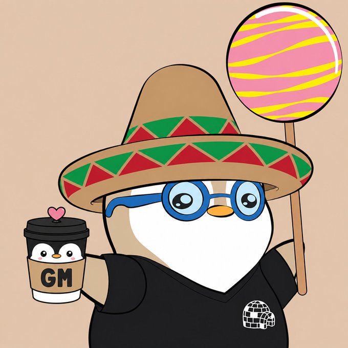 A cartoon penguin wearing a sombrero and glasses holds a coffee cup labeled "GM" topped with a heart, alongside a pink and yellow striped balloon. The cheerful image contrasts with the post's hopeful sentiment of enjoying a good "GM" (good morning) moment in the NFT space, while the balloon visually references the "red balloon" worry—though here it appears in cheerful pink and yellow rather than ominous red.