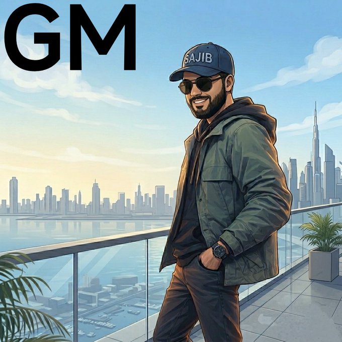The image features a man wearing sunglasses, a hat, and a jacket standing next to a railing overlooking a city skyline. The caption reads "Good morning CT Spending crypto in real life is still more friction than it should be that'S what made @useTria stand out to me it quietly handles the Visa and cross-chain complexity in the background while you just... spend".