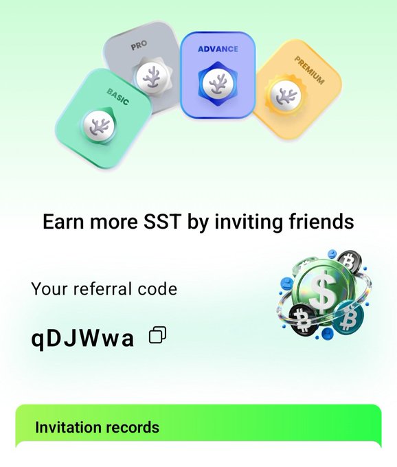 An advertisement displays tiered membership plans (BASIC, PRO, ADVANCE, PREMIUM) for a service where users can earn more SST tokens by inviting friends, showing a referral code 'qDJWwa' and an 'Invitation records' button.