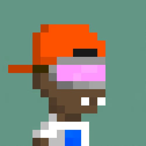 A pixel art portrait of a character wearing an orange cap with a pink visor and white clothing against a teal background.