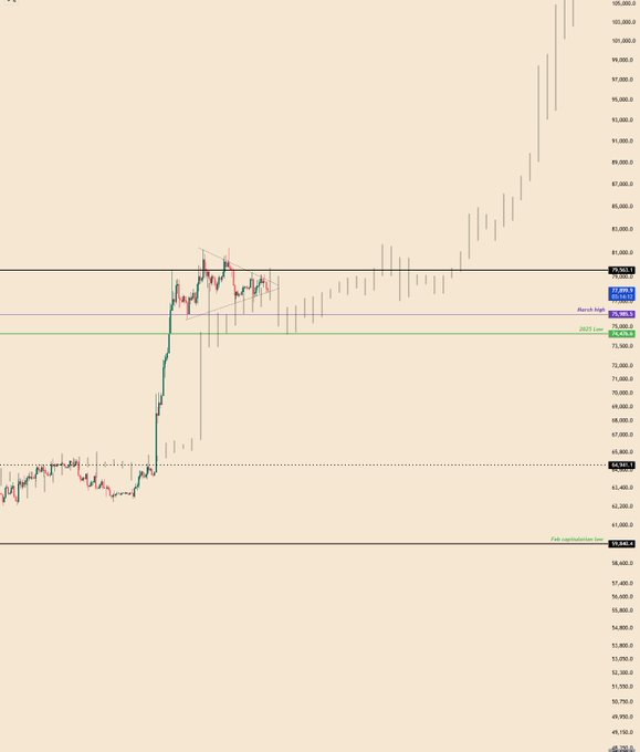 A candlestick chart showing price action around 74,000-78,000 levels with a 'March High' line and a '2025 Low' line marked, depicting a recent sharp price spike.