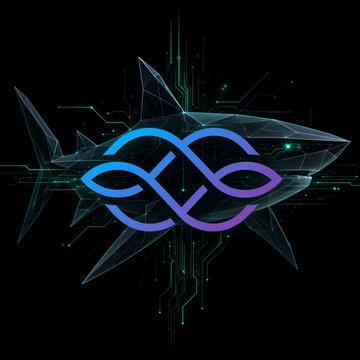 A digital graphic displaying a glowing blue and purple infinity symbol over a geometric shark shape and circuit board patterns on a black background.