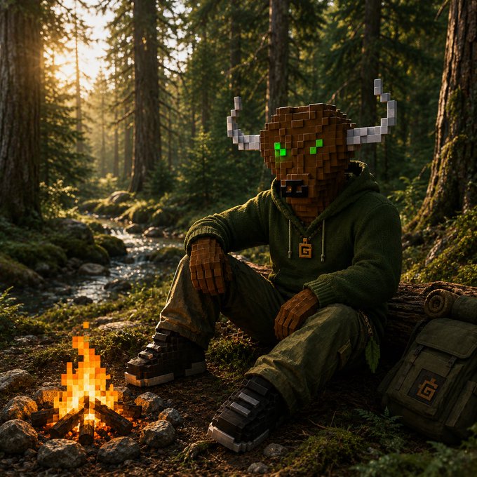 A digital art piece depicts a pixelated, blocky creature with antlers and green eyes wearing a green hoodie, sitting by a pixelated campfire in a forest setting.