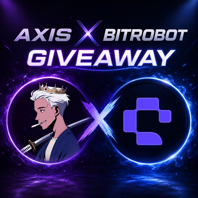 A neon-lit promotional graphic for an 'AXIS X BITROBOT GIVEAWAY' displays a character profile next to a block-shaped icon.