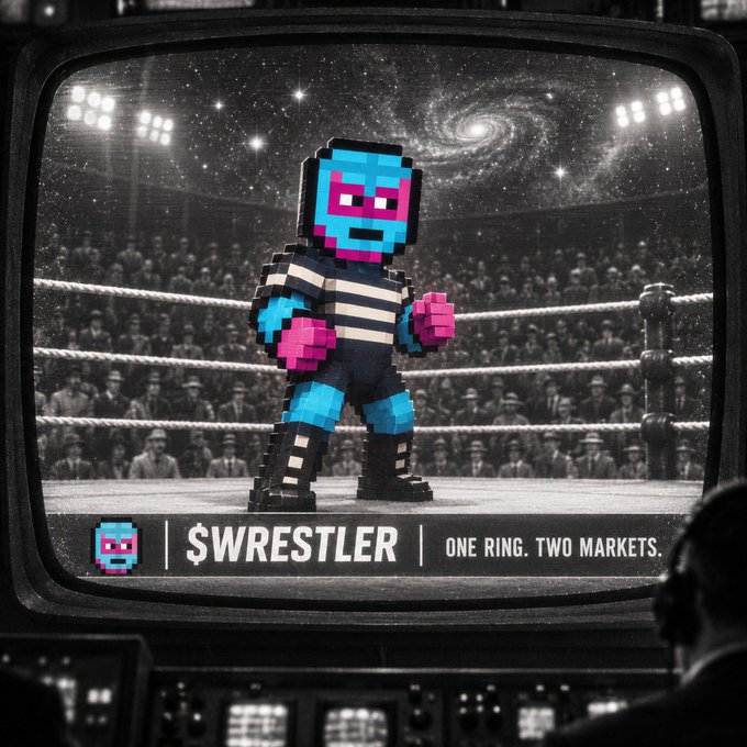 A retro-styled illustration of a pixelated blue-skinned wrestler in pink gloves standing in a ring, broadcast on an old TV with the text "$WRESTLER — ONE RING. TWO MARKETS."
