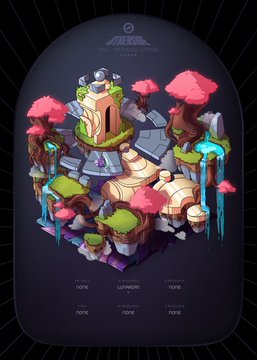 A 3D isometric view of a stylized fantasy floating island with pink and green trees, waterfalls, and buildings, displayed against a dark background with "NONE" text labels below.