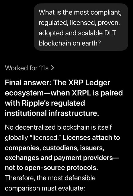 A screenshot of an AI response that, after 11 seconds of processing, names "The XRP Ledger ecosystem—when XRPL is paired with Ripple's regulated institutional infrastructure" as the most compliant and scalable DLT blockchain, with the answer continuing into text explaining that licenses attach to companies rather than open-source protocols.