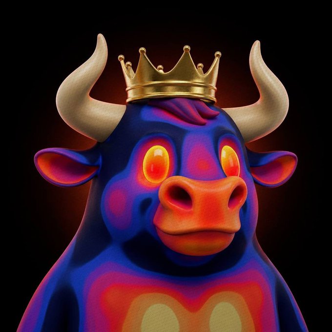 A vibrant, crowned bull with glowing orange eyes and bold blue, red, and yellow coloring symbolizes a powerful crypto market comeback, perfectly capturing the energy of revived memecoins, DeFi, NFTs, and bottomed-out bitcoin rallying together.