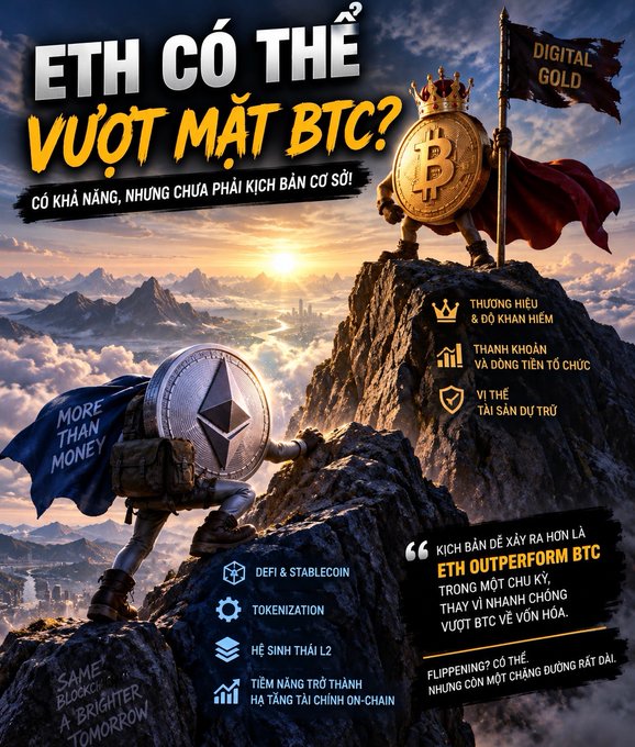 Vietnamese-language crypto graphic titled 'ETH CÓ THỂ VƯỢT MẶT BTC?' discussing whether Ethereum could outperform Bitcoin, with ETH climbing toward a crowned BTC.