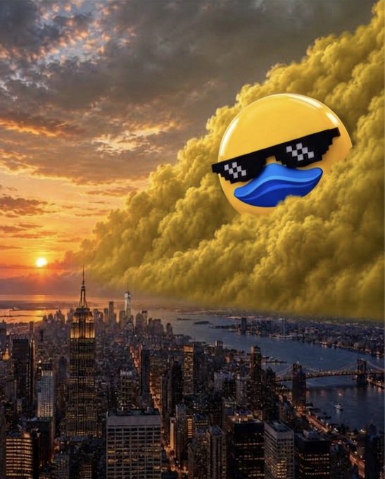 A surreal image shows a NYC skyline at sunset with massive yellow storm clouds rolling in, featuring a sunglasses-wearing emoji with a blue mustache overlay.