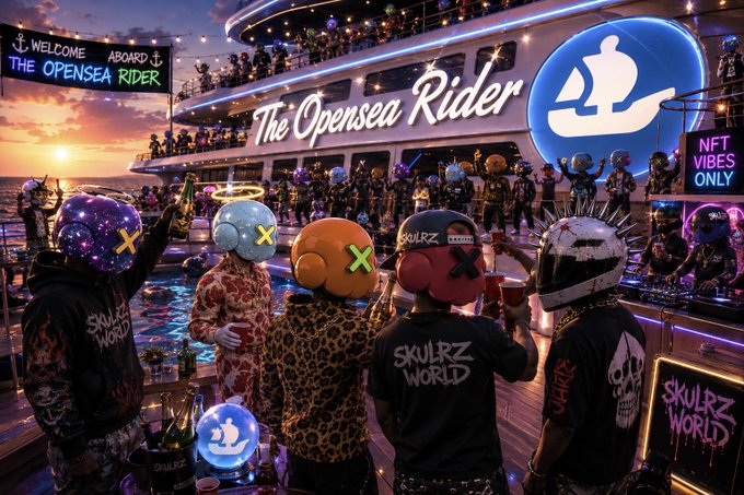 An illustrated "Opensea Rider" NFT cruise scene featuring Skulrz World characters with X-eyed heads partying aboard a yacht at sunset, with text "NFT VIBES ONLY".