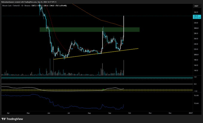 A TradingView daily chart of Bitcoin Cash (BCH/USDT) showing a recent breakout from a large bottom structure with price climbing toward the $285.80 resistance zone, supporting the post's call for a measured move toward a $400 target.