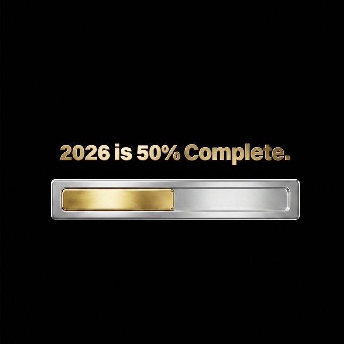 A black image displays the gold text "2026 is 50% Complete." above a progress bar that is filled to exactly halfway with gold, mirroring the post's message about the year being half over and transitioning from a phase of building to one of scaling.