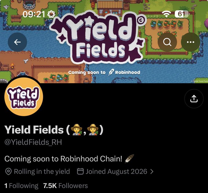 A screenshot of the Yield Fields (@YieldFields_RH) Robinhood Chain profile page, showing 7.5K followers and a "Coming soon to Robinhood Chain!" announcement, aligning with the post's teaser about the upcoming project from known builder Skarly.