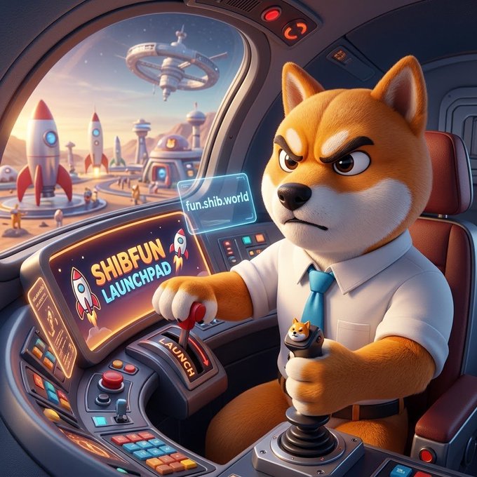 A serious-looking Shiba Inu character in a suit pilots a futuristic rocket launch console displaying "SHIBFUN LAUNCHPAD" and "fun.shib.world," with a rocket poised for liftoff in the background—visually symbolizing the platform's mission to launch tokens that drive fees into $SHIB, with portions burned and distributed to holders.