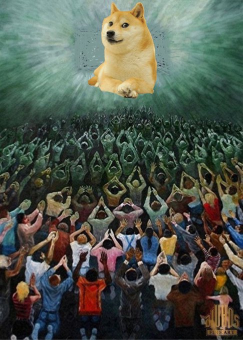 A meme image features the 'Doge' Shiba Inu dog photoshopped to appear as a deity radiating light over a painted crowd of worshippers with their hands raised, with a 'JUPITER PUP ART' logo in the corner.
