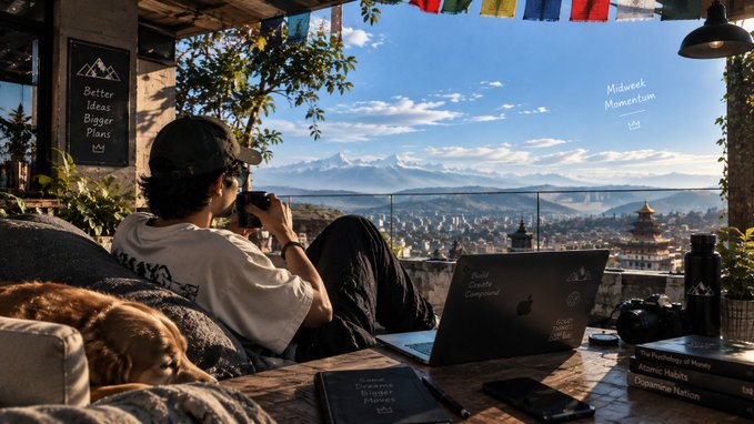 A person relaxes on a couch with a beagle, holding a camera while a MacBook, iPad, and smartphone sit on the coffee table; the scene overlooks a city with mountains and Tibetan prayer flags, with text mentioning 'Midweek Momentum', 'Tech Leadership Forum', and 'Atomic Habits'.
