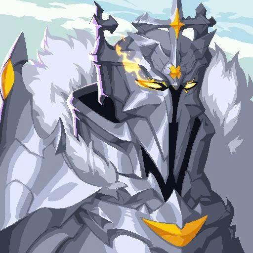 A digital illustration of a dark, armored knight-like character with glowing yellow eyes, spiked shoulder armor, and a fur-trimmed cape, set against a cloudy sky background.