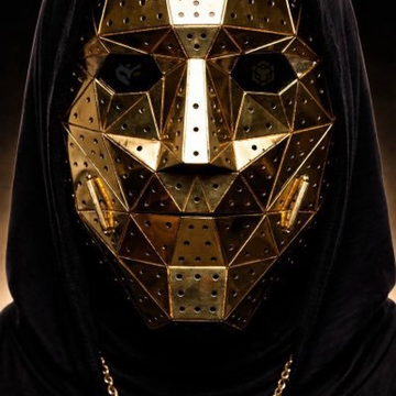 A mysterious figure wearing a geometric golden mask with a dark hood, evoking an anonymous or futuristic aesthetic.