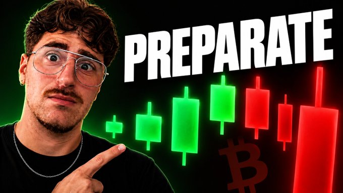 A YouTube thumbnail featuring a man with glasses pointing at a candlestick chart pattern with the word 'PREPARATE' and a Bitcoin logo.