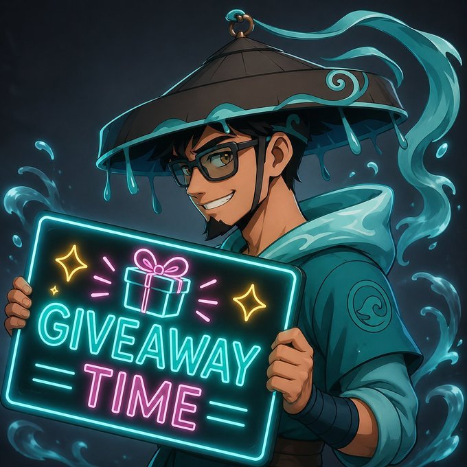 The image features a man wearing glasses, a hat, and holding up a neon sign that says "Giveaway Time" with a gift inside of it. The man appears to be smiling as he holds the sign. The background of the image is dark, which contrasts with the bright neon sign and makes it stand out more. There are also some water droplets visible in the background, adding to the overall atmosphere of the scene.