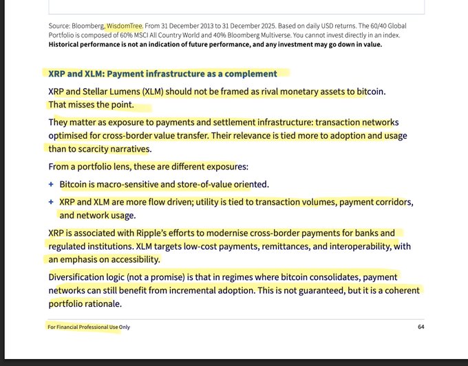 The image shows a page with yellow text that explains the differences between XRP and XLM, including their roles and advantages compared to Bitcoin. The text also mentions that these digital assets are not based on any singular asset but rather on multiple assets, which can provide diversification benefits for users.