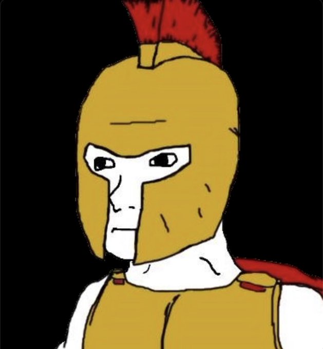 A cartoon wojak-style illustration of a Roman or Spartan soldier wearing a golden helmet with a red crest.