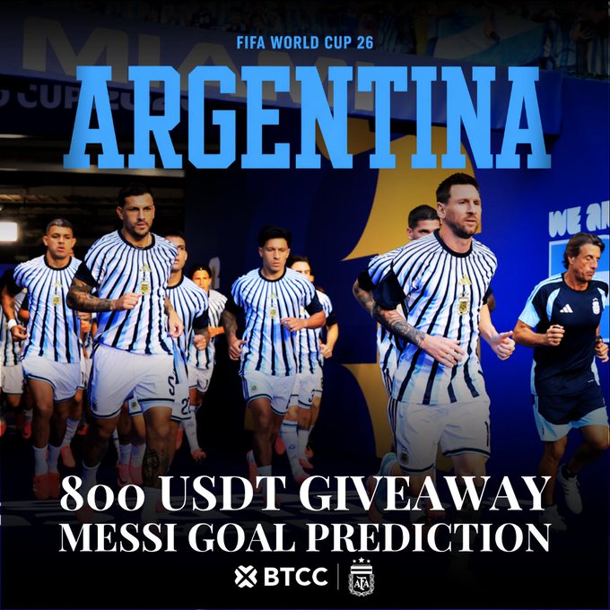 A promotional graphic for a FIFA World Cup 26 '800 USDT GIVEAWAY MESSI GOAL PREDICTION' event by BTCC, featuring Lionel Messi and the Argentina national team.