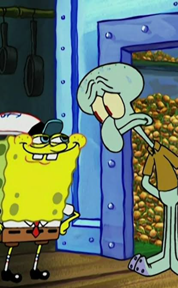SpongeBob stands with a smug grin in his Krusty Krab uniform while Squidward covers his face in embarrassment, illustrating the post's contrast between overconfident crypto bagholders and those who didn't accumulate during the bear market.