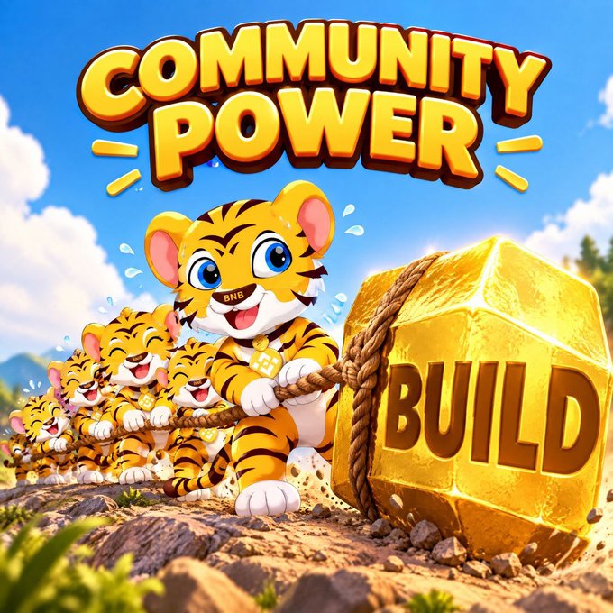 A vibrant, cartoon-style illustration shows a group of cheerful tigers pulling a large golden block with the word "BUILD" engraved on it, beneath the bold yellow title "COMMUNITY POWER."