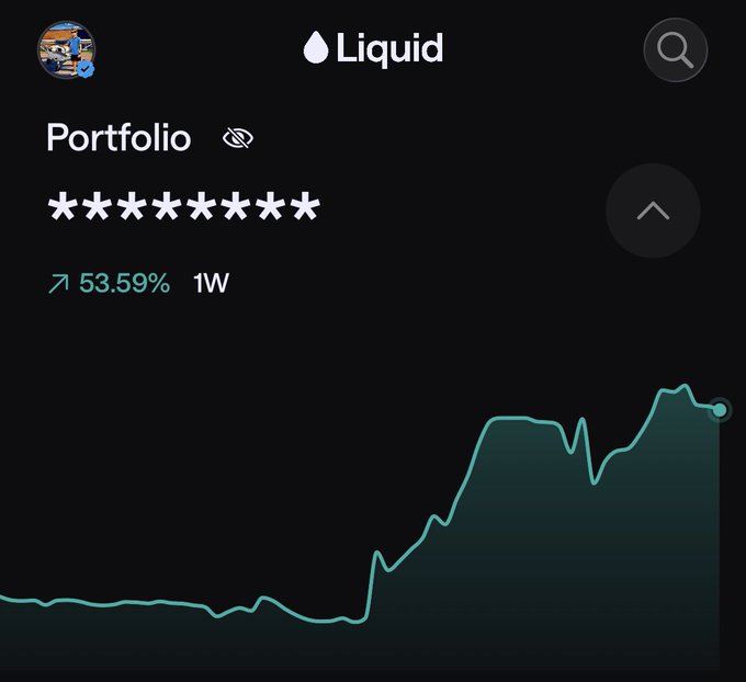 A dark-themed mobile app showing a 'Liquid' portfolio with the value obscured and a 53.59% gain over one week, accompanied by a rising line graph.