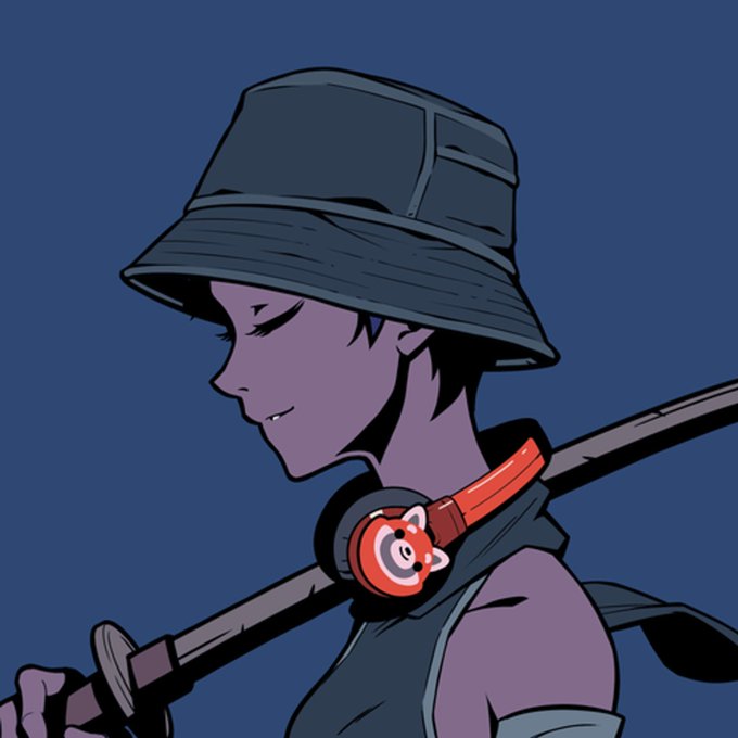 An anime-style drawing of a person in a dark bucket hat, smiling, with headphones around their neck and carrying a sword, set against a dark blue background.