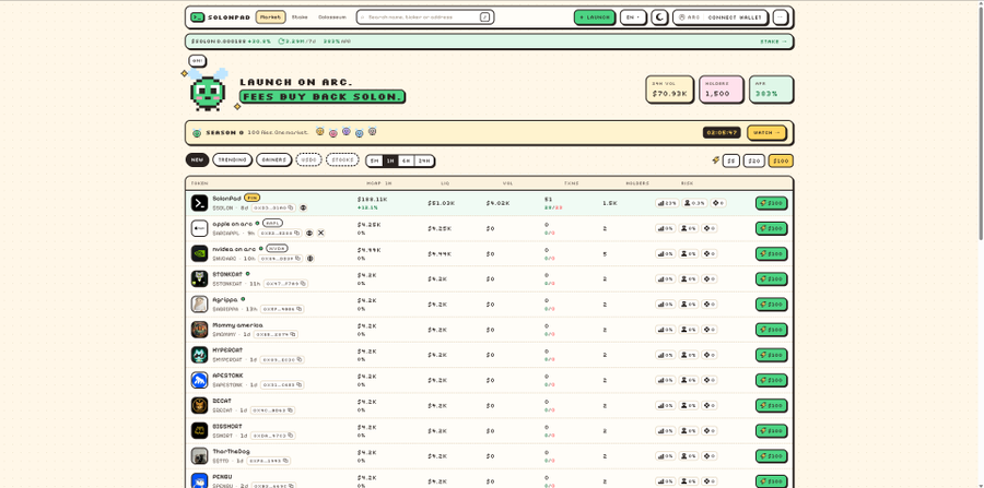 A screenshot of a Solana memecoin platform called COLONFND displaying a launch page with a 'LAUNCH ON ARC' banner, various token metrics like 1.6K holders and 383% APY, and a list of tokens including Interflux, SQUDS, and others.