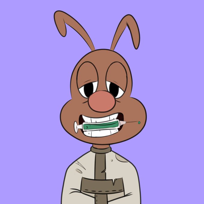 An animated illustration shows a brown rabbit character with bunny ears holding a syringe horizontally in its mouth against a purple background.
