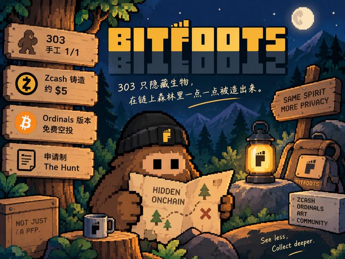 A pixel art promotional graphic for 'BITFOOTS' featuring an owl character with a map, alongside text mentioning '303 手I 1/1', 'Zcash 铸造约 $5', and 'Ordinals 版本免费空投'.