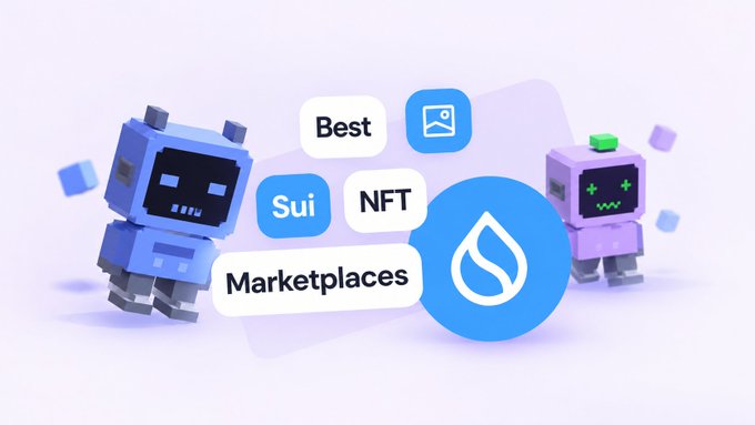 A graphic of cartoon robot characters surrounds text reading “Best,” “Sui,” “NFT,” and “Marketplaces,” alongside a blue droplet logo.