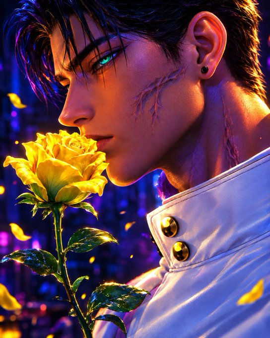 A stylized digital portrait depicts a dark-haired young man with a glowing teal eye and facial scars, smelling a yellow rose against a vibrant purple and blue background.