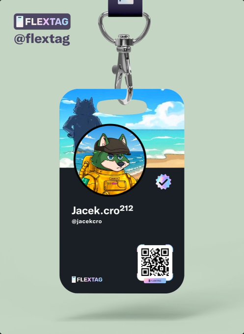 A FLEXTAG (@flextag) ID badge keychain featuring a profile for Jacek.cro212 (@jacekcro), showing a wolf character avatar at a beach scene with a QR code.