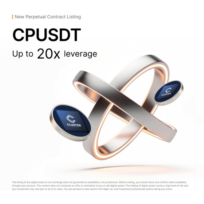 A promotional graphic from Bybit announces the "New Perpetual Contract Listing" of "CPUSDT," offering "Up to 20x leverage" alongside two intertwined silver rings featuring dark blue "CLUSTER" logo inserts, matching the post's announcement of the $CPUSDT trading pair.