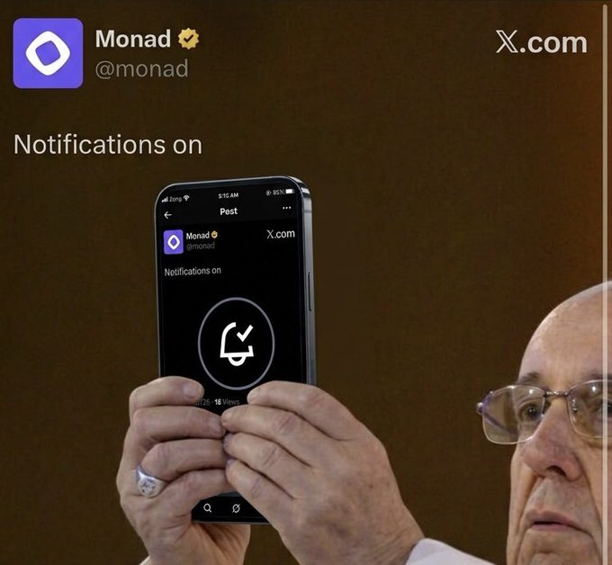 A promotional-style image showing a hand holding a phone displaying a notification bell, with the text 'Monad @monad - Notifications on' and 'X.com' branding.