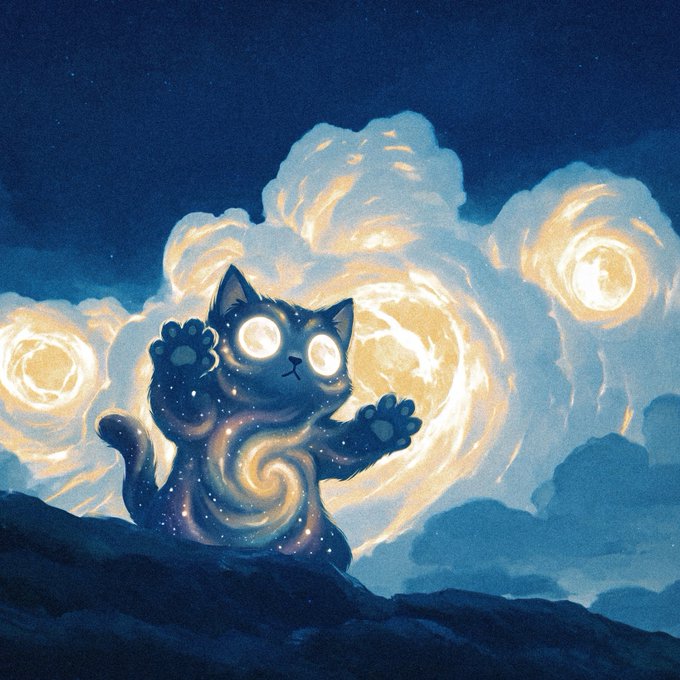 An artistic illustration of a small cat with glowing starry eyes, its body filled with a swirling cosmic galaxy, standing against a backdrop of golden clouds and a night sky.