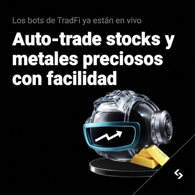 A Spanish-language advertisement on a black background reads 'Los bots de TradFi ya están en vivo' and 'Auto-trade stocks y metales preciosos con facilidad,' featuring a 3D rendered robot head with a stock chart display and gold bars labeled 'Gold'.