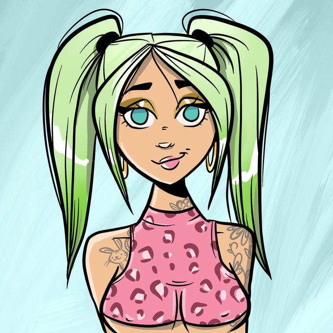 A cartoon/anime-style illustration of a girl with mint green hair in pigtails, teal eyes, a pink leopard-print top, gold hoop earrings, and bunny tattoos on her arms.