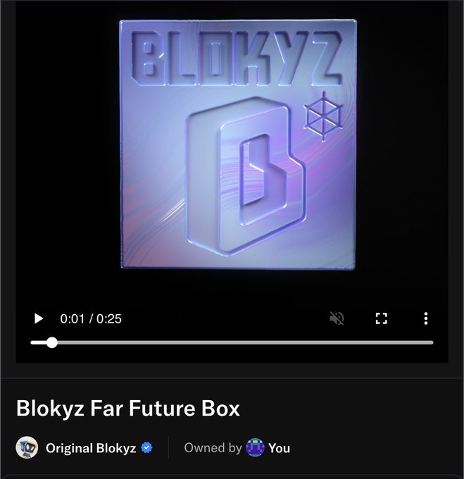 A digital storefront or app screen showing a glowing purple 'BLOKYZ' logo or box with a stylized 'B' letter, with a video player at 0:01/0:25 and text reading 'Blokyz Far Future Box' by 'Original Blokyz', owned by 'You'.