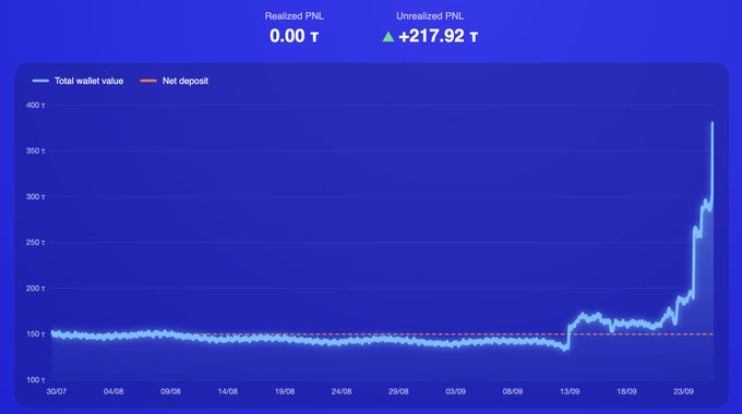 A wallet portfolio dashboard showing Total wallet value and Net deposit charts over time, with Realized PNL at 0.00 ₮ and Unrealized PNL of +217.92 ₮.