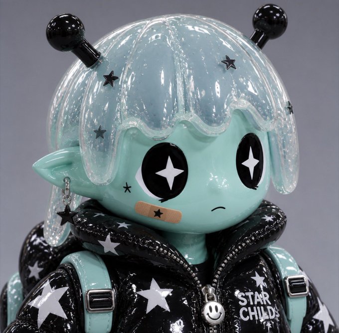A close-up of a vinyl figure featuring a light blue alien-like character with star-shaped eyes and black antennae, wearing a black jacket adorned with stars and a 'STAR CHILDS' badge.