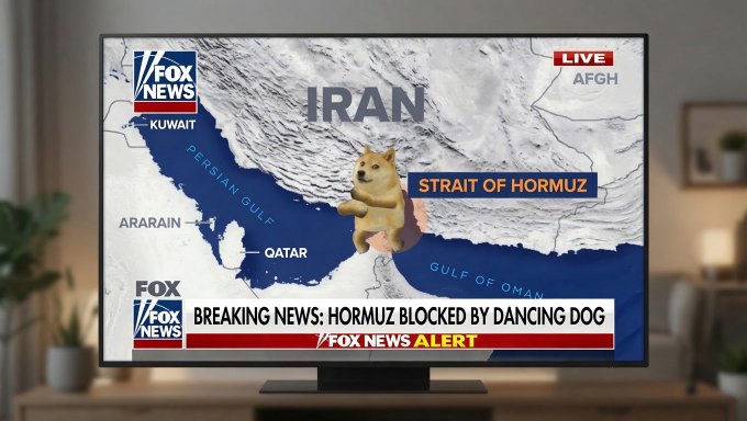 The image shows a TV screen displaying a map of the Strait of Hormuz, with a cartoon dog standing over it. The text on the screen reads "BREAKING NEWS: THE strait of hormuz is now blocked by a dancing dog." This suggests that there might be an event or situation related to the strait of Hormuz involving the dancing dog.