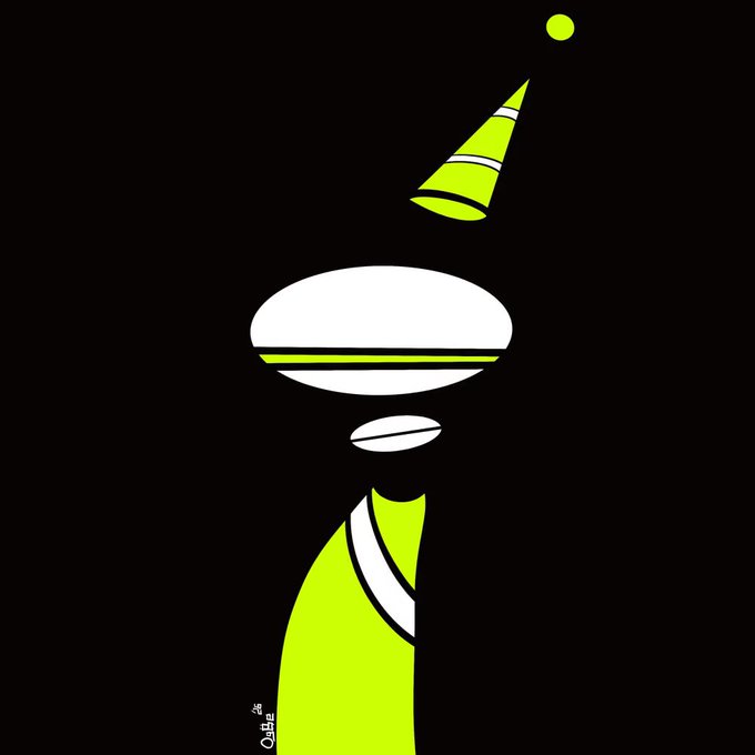 A minimalist digital illustration in green, white, and black depicts a character wearing a party hat and a burger, set against a dark background.