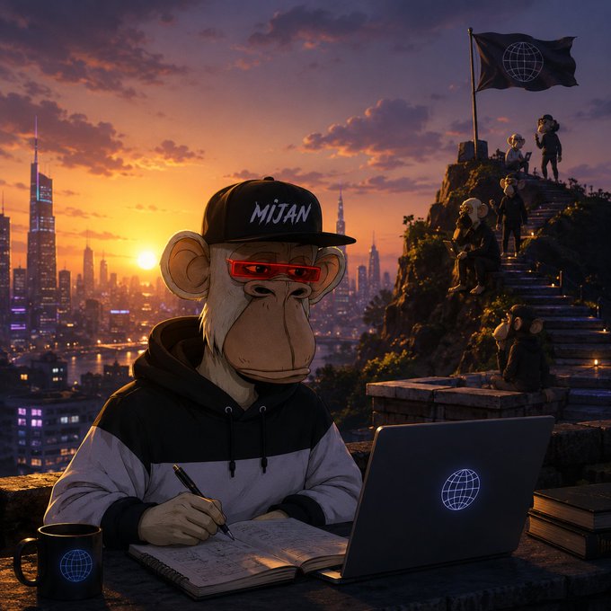 An AI-generated image shows a Bored Ape wearing a 'MIJAN' cap and red sunglasses, working on a laptop and notebook at sunset with a city skyline and other apes holding a globe logo flag on a staircase in the background.