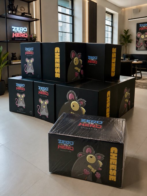 Several black boxes featuring cartoon rat designs and the text 'ZERO TO HERO' and 'CHEESE' are stacked on a tiled floor in what looks like a store or studio setting.